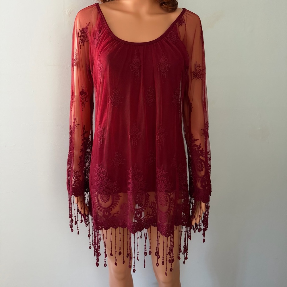 Boston Proper Red Sheer Overlay Tunic Bell Sleeve Boho Whimsigoth Romantic XS‎